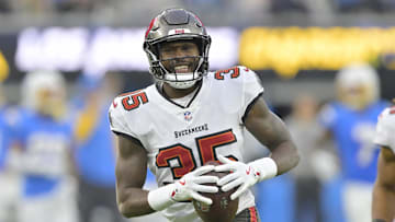 Dec 15, 2024; Inglewood, California, USA; Tampa Bay Buccaneers cornerback Jamel Dean (35) celebrates after a fumble recovery in the second half against the Los Angeles Chargers at SoFi Stadium. Mandatory Credit: Jayne Kamin-Oncea-Imagn Images