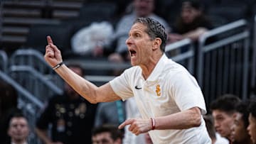 Mar 12, 2025; Indianapolis, IN, USA;  USC Trojans head coach Eric Musselman in the second half against the Rutgers Scarlet Knights at Gainbridge Fieldhouse. Mandatory Credit: Trevor Ruszkowski-Imagn Images