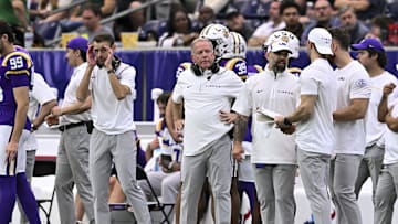 Dec 31, 2024; Houston, TX, USA; LSU Tigers head coach Brian Kelly looks on during the first half against the Baylor Bears at NRG Stadium. Mandatory Credit: Maria Lysaker-Imagn Images 