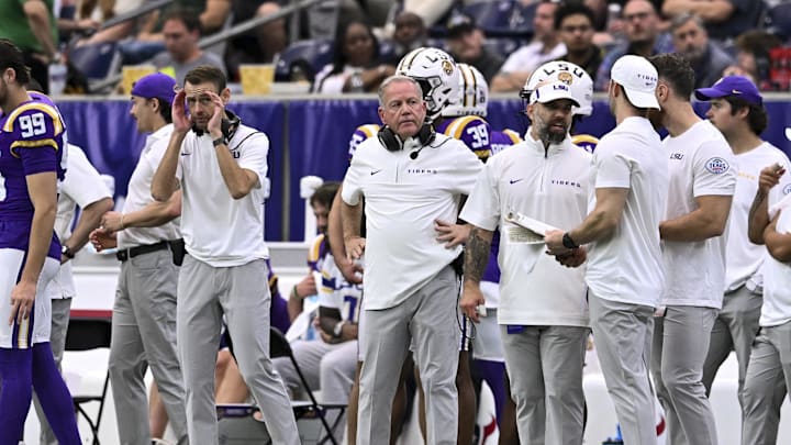 Dec 31, 2024; Houston, TX, USA; LSU Tigers head coach Brian Kelly looks on during the first half against the Baylor Bears at NRG Stadium. Mandatory Credit: Maria Lysaker-Imagn Images Dec 31, 2024; Houston, TX, USA; LSU Tigers head coach Brian Kelly looks on during the first half against the Baylor Bears at NRG Stadium. Mandatory Credit: Maria Lysaker-Imagn Images