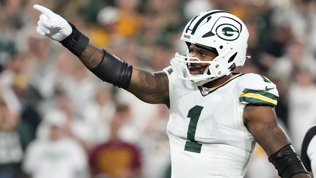  Green Bay Packers defensive end Micah Parsons (1) reacts in the first quarter against the Washington Commanders at Lambeau Field.