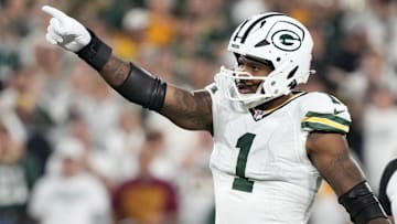  Green Bay Packers defensive end Micah Parsons (1) reacts in the first quarter against the Washington Commanders at Lambeau Field.
