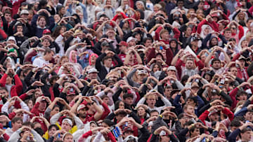 Oklahoma fans cheer during a college football game between the University of Oklahoma Sooners (OU) and the Ole Miss Rebels at Gaylord Family Ð Oklahoma Memorial Stadium in Norman, Okla., Saturday, Oct. 25, 2025. Ole Miss won 34-26.