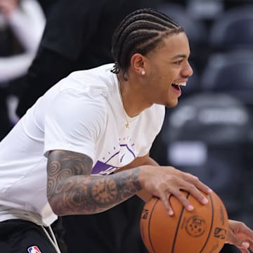 Oct 27, 2025; Salt Lake City, Utah, USA; Utah Jazz guard Keyonte George (3) warms up before the game against the Phoenix Suns at Delta Center. Mandatory Credit: Rob Gray-Imagn Images