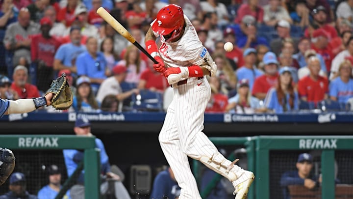 Philadelphia Phillies outfielder Nick Castellanos gets hit by a pitch during the club's 9-4 win over the Tampa Bay Rays at Citizens Bank Park on Tuesday night. 