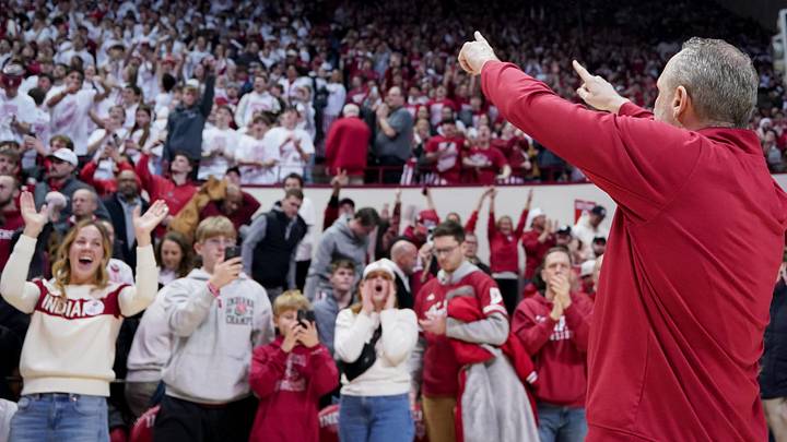 Jan 27, 2026; Bloomington, Indiana, USA; Indiana Hoosiers head coach Darian DeVries celebrates after the game against the Purdue Boilermakers at Simon Skjodt Assembly Hall. Mandatory Credit: Robert Goddin-Imagn Images