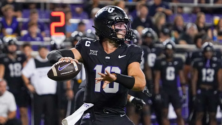 Oct 4, 2025; Fort Worth, Texas, USA; TCU Horned Frogs quarterback Josh Hoover (10) stands in the pocket against the Colorado Buffaloes during the first half at Amon G. Carter Stadium. Mandatory Credit: Raymond Carlin III-Imagn Images