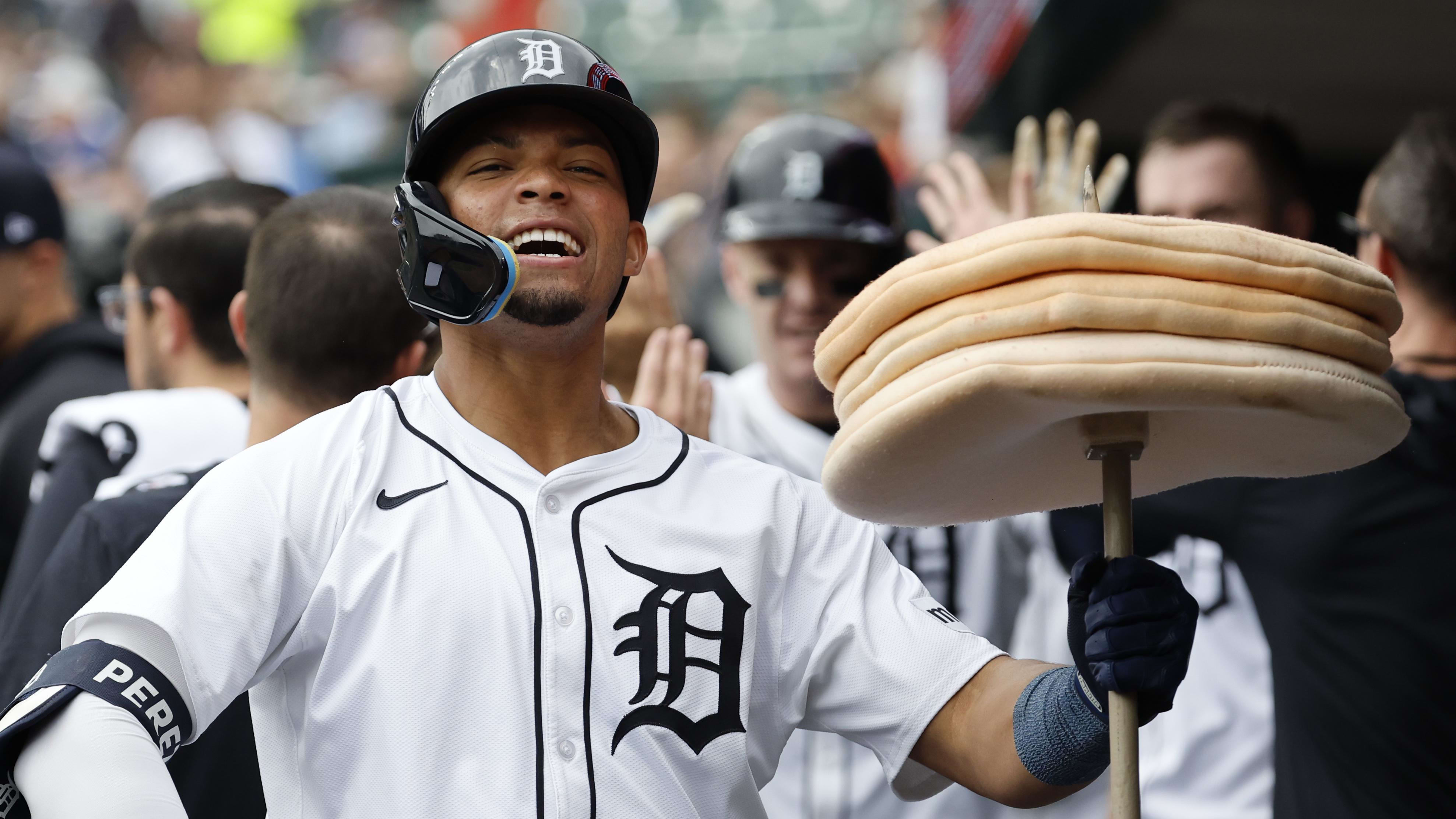 Apr 28, 2024; Detroit, Michigan, USA;  Detroit Tigers right fielder Wenceel Perez (46) celebrates in the dugout.