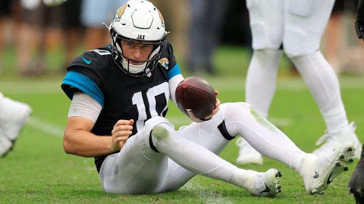 Jacksonville Jaguars quarterback Mac Jones (10) is sacked during the third quarter of an NFL football matchup Sunday, Nov. 10, 2024 at Everbank Stadium in Jacksonville, Fla. The Vikings defeated the Jaguars 12-7. [Corey Perrine/Florida Times-Union]