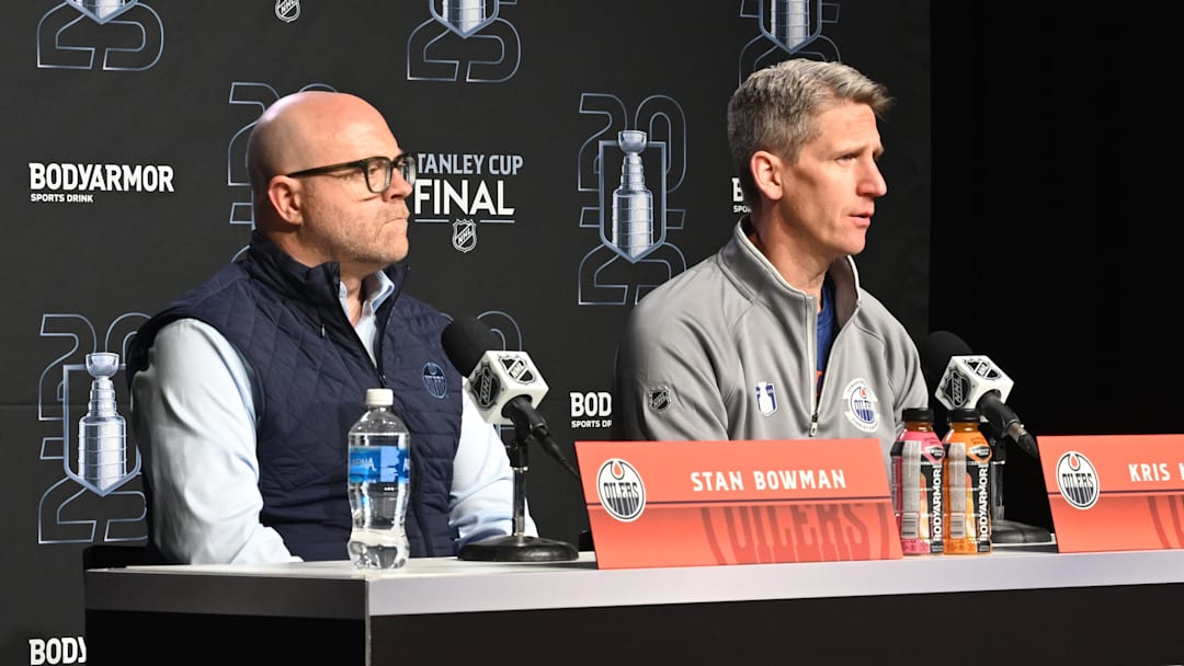 Jun 3, 2025; Edmonton, Alberta, CAN; Edmonton Oilers general manager Stan Bowman along with Oilers head coach Kris Knoblauch are seen during media day in advance of the 2025 Stanley Cup Final at Rogers Place. Mandatory Credit: Walter Tychnowicz-Imagn Images