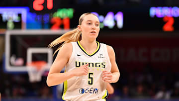 May 29, 2025; Chicago, Illinois, USA; Dallas Wings guard Paige Bueckers (5) is seen during the first half against the Chicago Sky at the Wintrust Arena. Mandatory Credit: Patrick Gorski-Imagn Images