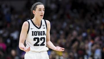 Apr 2, 2023; Dallas, TX, USA; Iowa Hawkeyes guard Caitlin Clark (22) reacts after being called for a technical foul during the game against the LSU Lady Tigers in the second half during the final round of the Women's Final Four NCAA tournament at the American Airlines Center. Mandatory Credit: Kevin Jairaj-Imagn Images