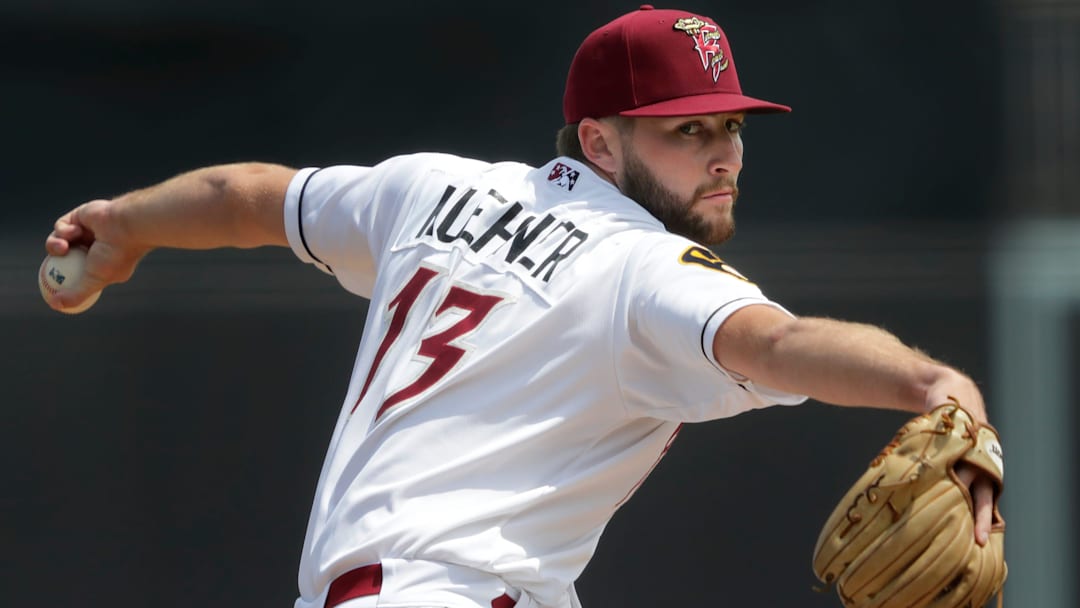 Wisconsin Timber Rattlers' Tate Kuehner (13) pitches against the West Michigan Whitecaps Wednesday, July 10, 2024, at Neuroscience Group Field at Fox Cities Stadium in Grand Chute, Wisconsin. The Timber Rattlers won 7-0.