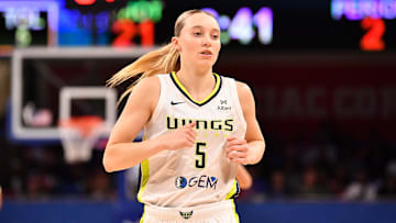 May 29, 2025; Chicago, Illinois, USA; Dallas Wings guard Paige Bueckers (5) is seen during the first half against the Chicago Sky at the Wintrust Arena. Mandatory Credit: Patrick Gorski-Imagn Images