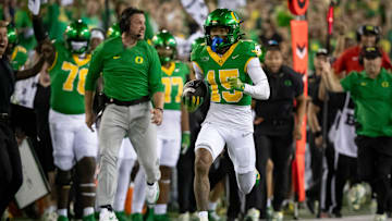 Oregon wide receiver Tez Johnson breaks away for a touchdown as the Oregon Ducks host the Boise State Broncos Saturday, Sept. 7, 2024 at Autzen Stadium in Eugene, Ore.