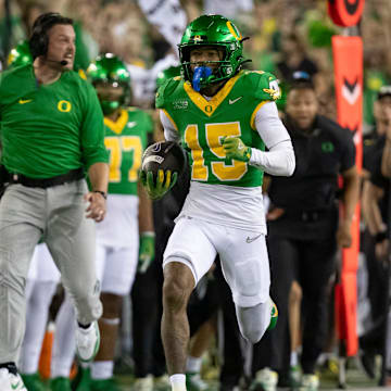 Oregon wide receiver Tez Johnson breaks away for a touchdown as the Oregon Ducks host the Boise State Broncos Saturday, Sept. 7, 2024 at Autzen Stadium in Eugene, Ore.