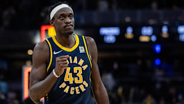 Mar 19, 2025; Indianapolis, Indiana, USA;  Indiana Pacers forward Pascal Siakam (43) celebrates the win against the Dallas Mavericks at Gainbridge Fieldhouse. Mandatory Credit: Trevor Ruszkowski-Imagn Images
