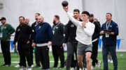 Penn State quarterback Beau Pribula throws passes during the Nittany Lions' 2024 Pro Day at Holuba Hall in State College.