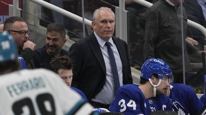 Dec 11, 2025; Toronto, Ontario, CAN; Toronto Maple Leafs head coach Craig Berube waatches the action against the San Jose Sharks during the third period at Scotiabank Arena. Mandatory Credit: John E. Sokolowski-Imagn Images