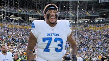 Detroit Lions guard Christian Mahogany (73) prior to the game against the Green Bay Packers at Lambeau Field
