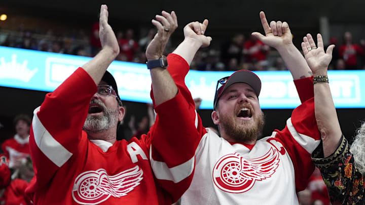 Mar 25, 2025; Denver, Colorado, USA; Detroit Red Wings fans celebrate a goal scored in the first period against the Colorado Avalanche at Ball Arena. Mandatory Credit: Ron Chenoy-Imagn Images