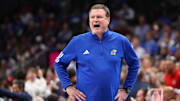 Mar 13, 2025; Kansas City, MO, USA; Kansas Jayhawks coach Bill Self reacts to game play during the second half against the Arizona Wildcats at T-Mobile Center. Mandatory Credit: William Purnell-Imagn Images