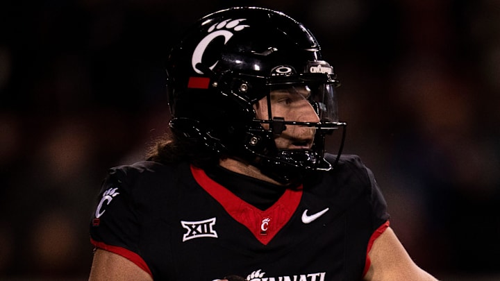 Cincinnati Bearcats quarterback Brendan Sorsby (2) looks to throw in the first quarter of the NCAA football game between Cincinnati Bearcats and TCU Horned Frogs at Nippert Stadium in Cincinnati on Saturday, Nov. 30, 2024.