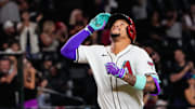 Sep 2, 2025; Phoenix, Arizona, USA; Arizona Diamondbacks second base Ketel Marte (4) celebrates his three run home run in the seventh inning of the game between Arizona Diamondbacks and Texas Rangers at Chase Field. Mandatory Credit: Arianna Grainey-Imagn Images
