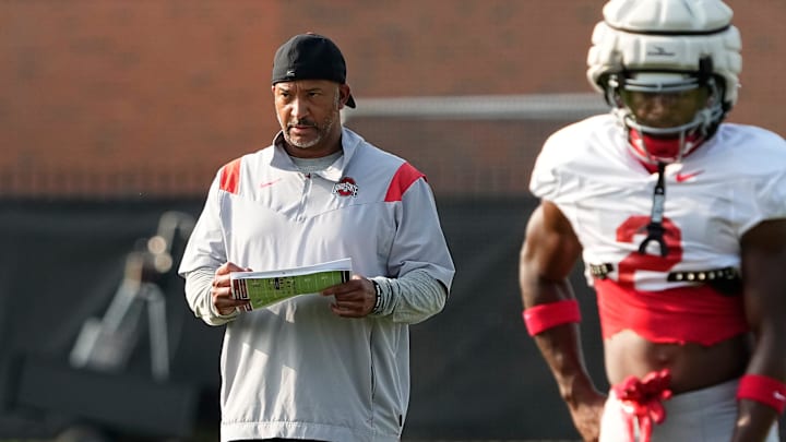Aug 8, 2024; Columbus, Ohio, USA; Ohio State Buckeyes secondary/cornerbacks coach Tim Walton watches during football practice at the Woody Hayes Athletic Complex.