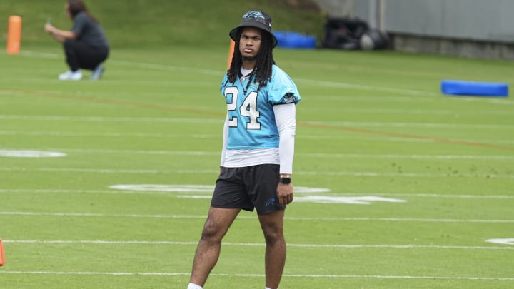 Jun 4, 2024; Charlotte, NC, USA; Rookie Carolina Panthers running back Jonathon Brooks (24) during OTAs. 