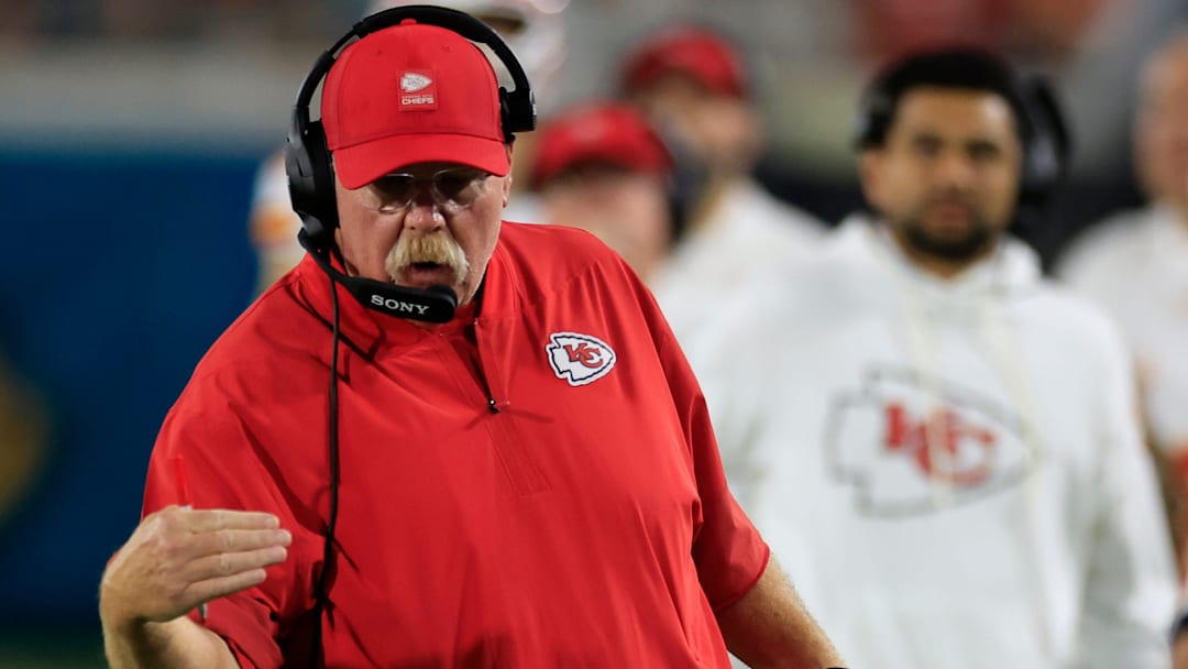 Kansas City Chiefs head coach Andy Reid disputes a call with down judge Patrick Turner (13) during the first quarter of an NFL football matchup at EverBank Stadium, Monday, Oct. 6, 2025, in Jacksonville, Fla. The Jacksonville Jaguars edged the Kansas City Chiefs 31-28. 