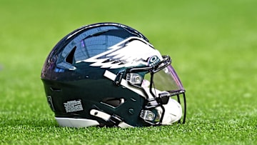 Oct 19, 2025; Minneapolis, Minnesota, USA; A general view of the Philadelphia Eagles helmet before the game against the Minnesota Vikings at U.S. Bank Stadium. Mandatory Credit: Jeffrey Becker-Imagn Images
