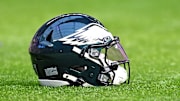 Oct 19, 2025; Minneapolis, Minnesota, USA; A general view of the Philadelphia Eagles helmet before the game against the Minnesota Vikings at U.S. Bank Stadium. Mandatory Credit: Jeffrey Becker-Imagn Images