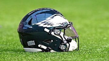 Oct 19, 2025; Minneapolis, Minnesota, USA; A general view of the Philadelphia Eagles helmet before the game against the Minnesota Vikings at U.S. Bank Stadium. Mandatory Credit: Jeffrey Becker-Imagn Images