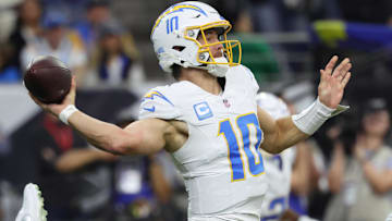  Los Angeles Chargers quarterback Justin Herbert (10) looks to pass during the second quarter against the Houston Texans in an AFC wild card game at NRG Stadium.