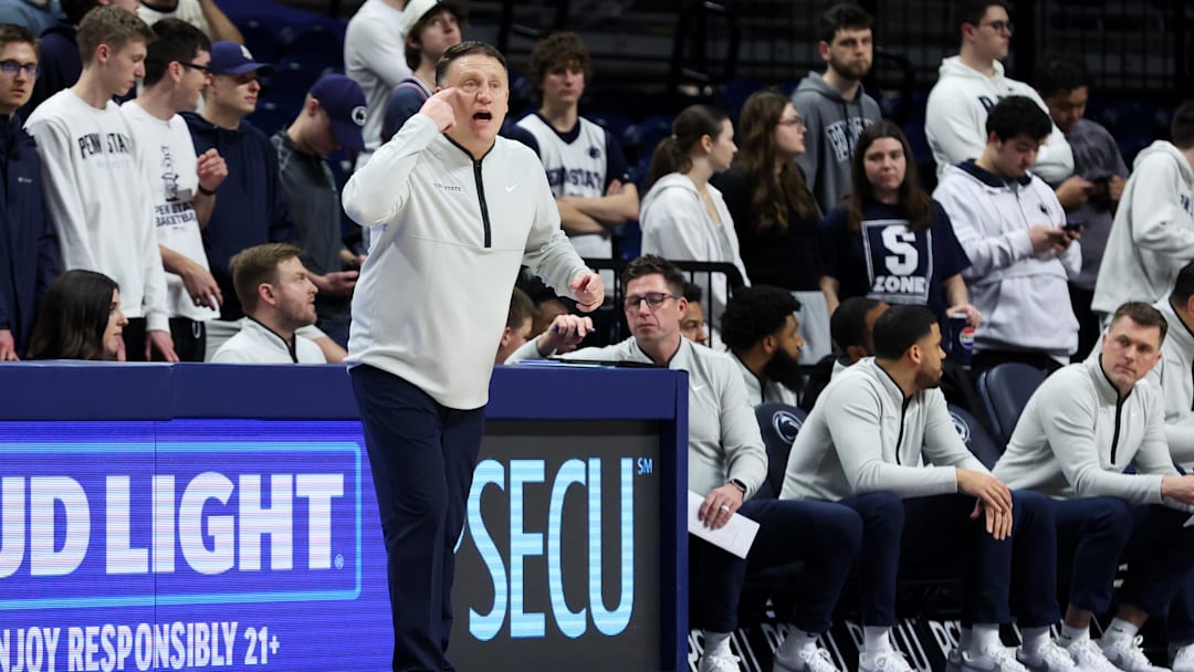 Penn State Nittany Lions head coach Mike Rhoades gestures from the bench during the first half against the Rutgers Scarlet Knights at Bryce Jordan Center.