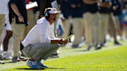 Nov 23, 2024; Gainesville, Florida, USA; Mississippi Rebels head coach Lane Kiffin looks on against the Florida Gators during the first half at Ben Hill Griffin Stadium. Mandatory Credit: Matt Pendleton-Imagn Images