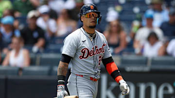 Jun 22, 2025; Tampa, Florida, USA; Detroit Tigers shortstop Javier Baez (28) reacts after striking out against the Tampa Bay Rays in the third inning at George M. Steinbrenner Field. Mandatory Credit: Nathan Ray Seebeck-Imagn Images