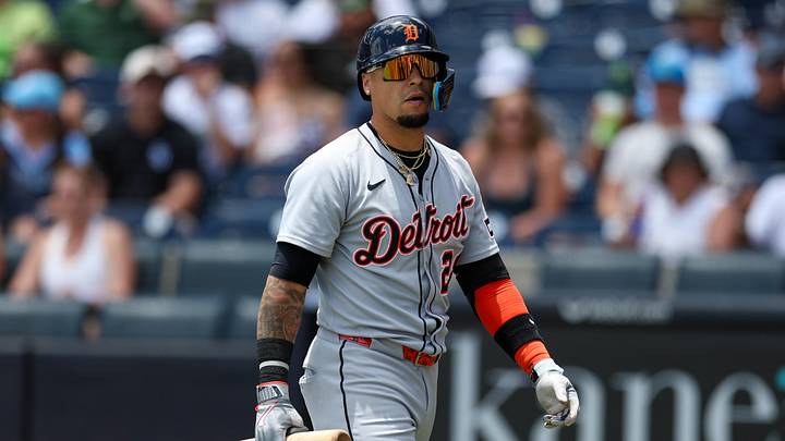 Jun 22, 2025; Tampa, Florida, USA; Detroit Tigers shortstop Javier Baez (28) reacts after striking out against the Tampa Bay Rays in the third inning at George M. Steinbrenner Field. Mandatory Credit: Nathan Ray Seebeck-Imagn Images