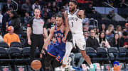 Mar 23, 2024; New York, New York, USA;  New York Knicks guard Jalen Brunson (11) drives past Brooklyn Nets forward Mikal Bridges (1) in the third quarter at Madison Square Garden. Mandatory Credit: Wendell Cruz-USA TODAY Sports