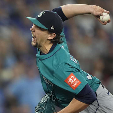 Oct 19, 2025; Toronto, Ontario, CAN; Seattle Mariners pitcher Logan Gilbert (36) pitches against the Toronto Blue Jays in the first inning during game six of the ALCS round for the 2025 MLB playoffs at Rogers Centre. Mandatory Credit: John E. Sokolowski-Imagn Images