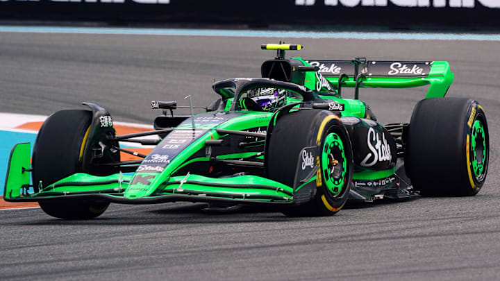 May 3, 2024; Miami Gardens, Florida, USA; Kick Sauber driver Zhou Gunayu (24) races into turn one during F1 practice at Miami International Autodrome. Mandatory Credit: John David Mercer-Imagn Images