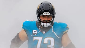 Jacksonville Jaguars center Robert Hainsey (73) is introduced before an NFL football game at EverBank Stadium, Sunday, Dec. 7, 2025, in Jacksonville, Fla. The Jaguars defeated the Colts 36-19.