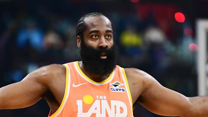 Feb 24, 2026; Cleveland, Ohio, USA; Cleveland Cavaliers guard James Harden (1) celebrates after hitting a three point basket against the New York Knicks during the second half at Rocket Arena. Mandatory Credit: Ken Blaze-Imagn Images