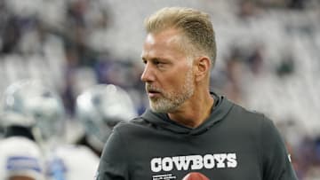 Sep 14, 2025; Arlington, Texas, USA; Dallas Cowboys defensive coordinator Matt Eberflus looks on during warmups before the game against the New York Giants at AT&T Stadium. Mandatory Credit: Raymond Carlin III-Imagn Images