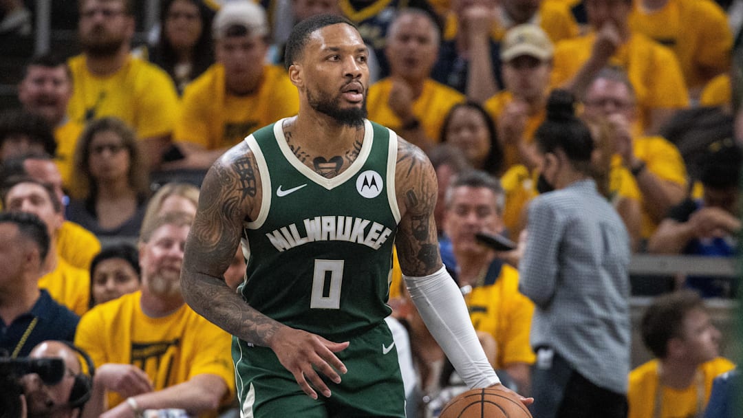 May 2, 2024; Indianapolis, Indiana, USA; Milwaukee Bucks guard Damian Lillard (0) dribbles the ball during game six of the first round for the 2024 NBA playoffs against the Indiana Pacers at Gainbridge Fieldhouse. Mandatory Credit: Trevor Ruszkowski-Imagn Images