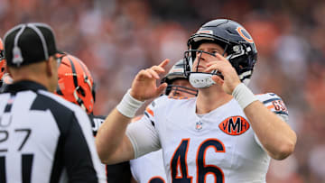 Nov 2, 2025; Cincinnati, Ohio, USA; Chicago Bears long snapper Scott Daly (46) reacts after a field goal by kicker Cairo Santos (not pictured) against the Cincinnati Bengals during the second quarter at Paycor Stadium. Mandatory Credit: Katie Stratman-Imagn Images