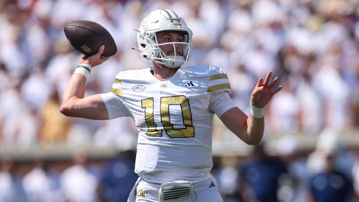 Sep 13, 2025; Atlanta, Georgia, USA; Clemson Tigers quarterback Haynes King (10) throws against the Georgia Tech Yellow Jackets in the first quarter at Bobby Dodd Stadium at Hyundai Field. Mandatory Credit: Brett Davis-Imagn Images
