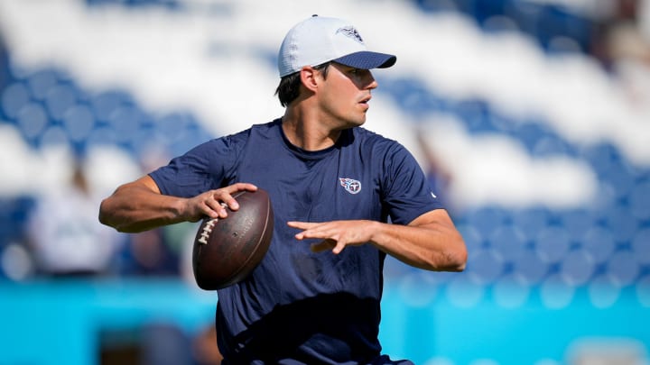 Tennessee Titans quarterback Mason Rudolph (11) warm up before a preseason game against the Seattle Seahawks at Nissan Stadium in Nashville, Tenn., Saturday, Aug. 17, 2024.