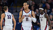 Gonzaga Bulldogs Ben Gregg (33), Nolan Hickman (11) and Graham Ike (13).